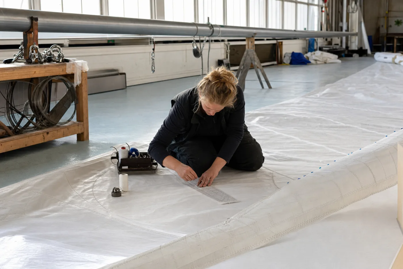 A sailmaker working on white sailcloth spread across a loft floor